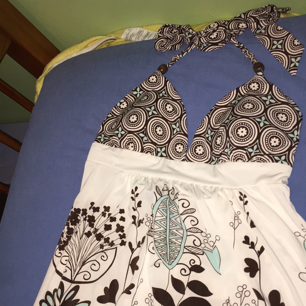 Brown and white halter tie neck long dress